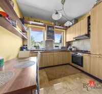 A kitchen in a family house with wooden decor, yellow walls, and a built-in appliance.