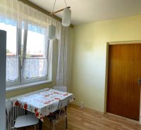 Dining room with wood-patterned flooring in a 2-room apartment, table with four chairs.