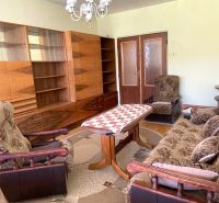 Living room in a 2-room apartment with a wooden decor floor, sofa, and chandelier.
