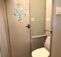 Bathroom in a 2-room apartment with a toilet, door decorations, and a floor with a wood design.