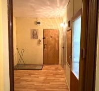 The entrance hall in a 2-room apartment with a wooden decor floor and light walls.