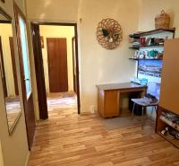 A hallway in a 2-room apartment with a wooden decor floor, a table, and a shelf.