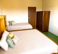 Two beds with decorative pillows in a two-room apartment, wooden furniture.
