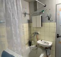 Bathroom with a bathtub, shower curtain, and floor with wood decor in a 2-room apartment.
