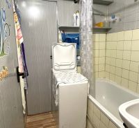 Bathroom with a washing machine and a bathtub in a 2-room apartment with a wooden decor floor.