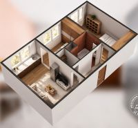Floor plan of a 3-room apartment with furnishings, wooden decor flooring, and a light kitchen.