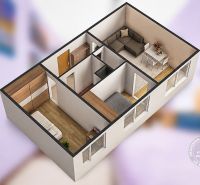 3D floor plan of a 3-room apartment with a sofa, dining area, and wooden decor flooring.