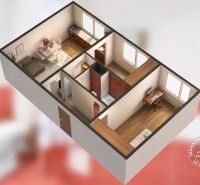 3-room apartment with a kitchen, bathroom, wooden decor flooring, and furniture.