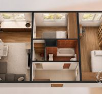 A plan of a 3-room apartment with a kitchen, living room, and wooden decor flooring.
