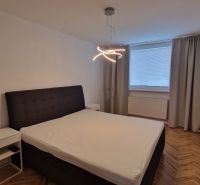 Bedroom in a 3-room apartment with a bed, television, and wooden decor flooring.