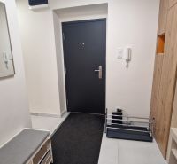 A hallway with black doors, a wardrobe with wooden decor, and a mirror in a 3-room apartment.