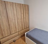 A wardrobe with a wooden decor and a bed in a 3-room apartment.