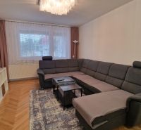 Living room in a 3-room apartment with a dark gray sofa and a television.