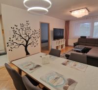 Living room in a three-room apartment with a wooden decor floor and a tree sticker on the wall.
