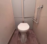 A toilet with a wooden decor floor in a 2-room apartment.