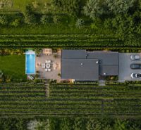 A top view of the property with a pool and garden on Holubyho in Pezinok.