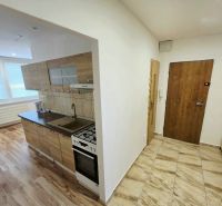 Kitchen in a 3-room apartment with a wood-patterned floor and entrance door.