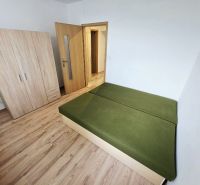 Bedroom in a 3-room apartment with a bed, wardrobe, and wooden decor flooring.