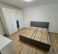 A bedroom in a 3-room apartment with a bed, a wardrobe, and a floor with a wood decor.