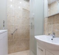 A bathroom in a 3-room apartment with a sink, a shower corner, and beige tiles.