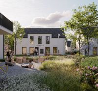 Garden in the Offices at the South Gate in Senec with greenery and shops, bakery and barber.