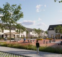 Square with a kindergarten and a café at the South Gate in Senec, space for chess.