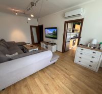 Living room of a 3-room apartment with a spacious sofa and a floor with a wooden decor.