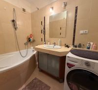 A bathroom in a 3-room apartment with a bathtub, mirror, and washing machine.