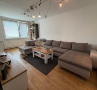 Living room with a large sofa, coffee table, and wooden decor flooring in a 3-room apartment.