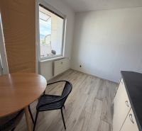 A kitchen in a 2-room apartment with a wooden decor floor and a table.
