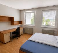 Bedroom in a 3-room apartment with a wooden decor floor and a desk.