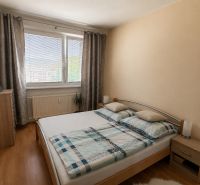 Bedroom with a TV, bed, and wooden decor flooring in a 3-room apartment.