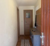 A cottage with wooden decor, an entrance hallway with a coat rack and a shoe cabinet.