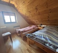 A room in a cottage with a wooden floor decor and two beds under a slanted ceiling.