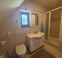 Bathroom in a cottage with a shower, toilet, and sink, light ceramic tiles.