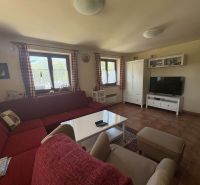 Living room with a red sofa, TV, table, and wooden decor flooring in a cabin.