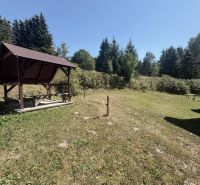 A cottage in Donovaly with a shelter on a grassy yard, lined with trees.