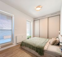 A bedroom with a sofa, built-in wardrobe, and wood-decor flooring in a 4-room apartment.