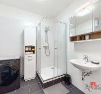 A bathroom with a shower and a washing machine in a studio apartment.