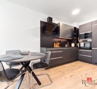 A kitchen in a studio apartment with dark cabinets and a wooden-patterned floor.