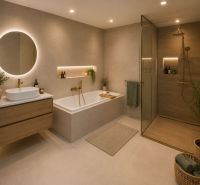 A bathroom in a 3-room apartment with a bathtub, a shower corner, and a floor with a wooden decor.