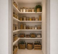 A pantry in a 3-room apartment with shelves full of food and drinks.