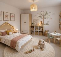 Children's room in a 3-room apartment with delicate decorations and toys.