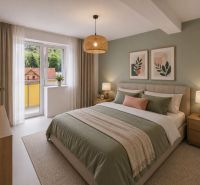 A bedroom in a 3-room apartment with graceful green shades and pleasant decor.