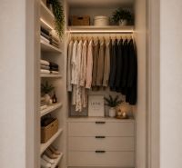 A wardrobe in a 3-room apartment with curtains, shelves, boxes, and greenery.