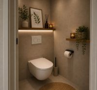 A toilet in a 3-room apartment with decorative elements and soft lighting.