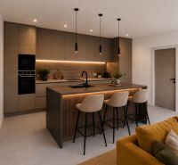 A kitchen with a bar and stools, complemented by a light strip, in a 3-room apartment.
