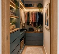 A wardrobe in a 2-room apartment with shelves, hanging space, and decorations.