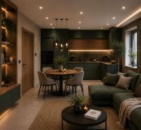 Living room with kitchen in a 2-room apartment, with a wooden decor floor and plants.