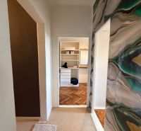 A corridor with a decorative wall and a view of a room in a 4-room apartment.